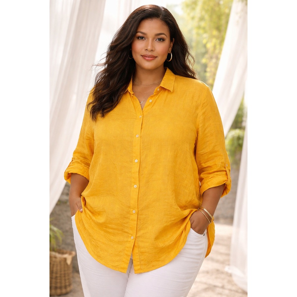 J Jill Love Linen Oversized 2X Button Down Top Yellow‎ Beach Vaca Resort Casual